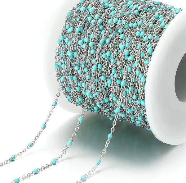 Stainless Steel Silver Enamel Drip Chain Aqua