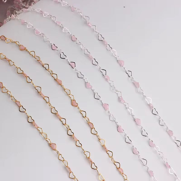 Sterling Silver Pink Enameled Heart Shaped Link Chain
