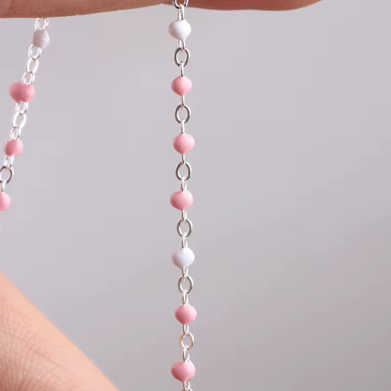 Sterling Silver 1.5mm Flat Cable with Pink and white Enamel Beads