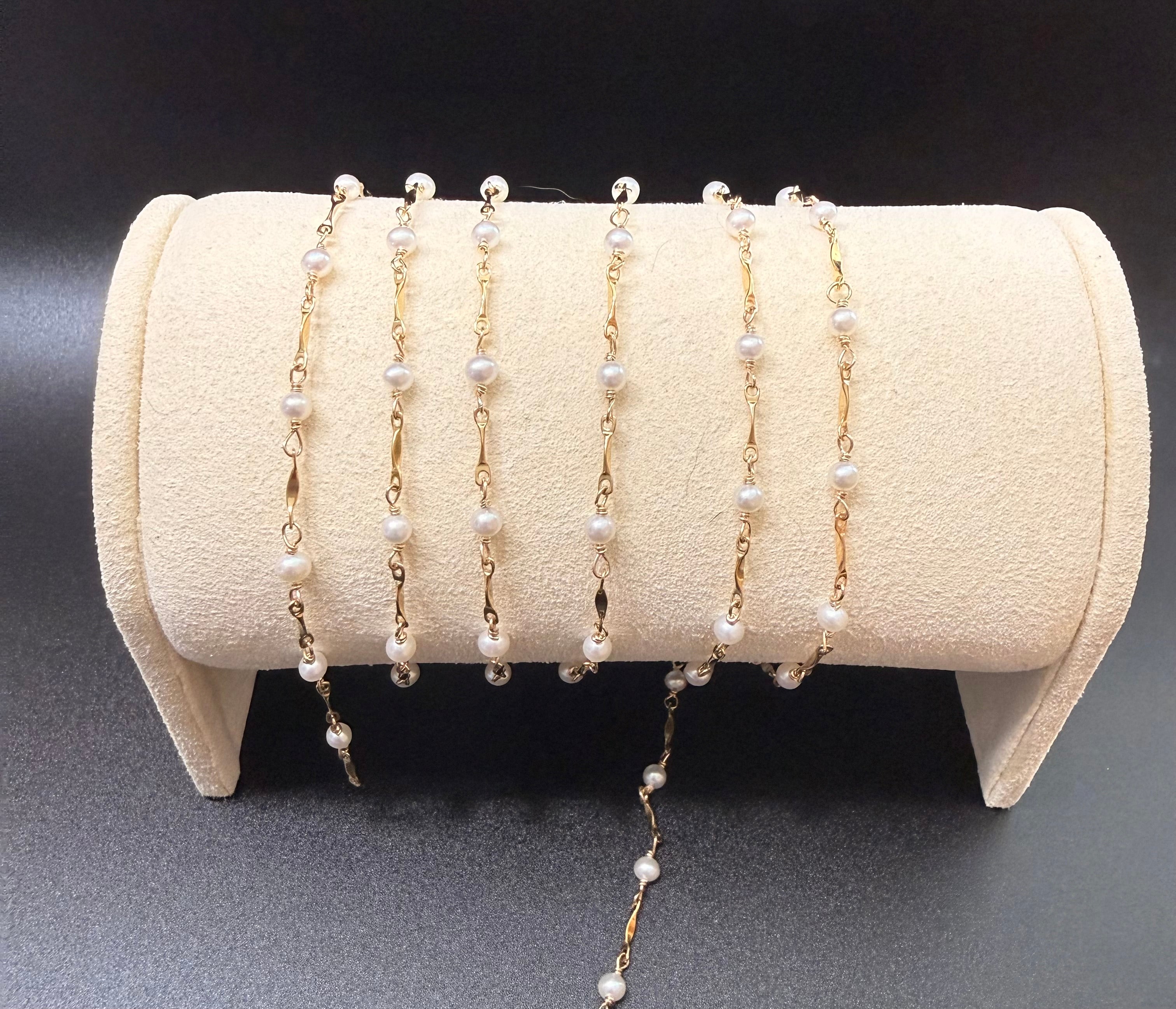 14K Gold Filled Dapped Bar Chain 3-3.5mm Fresh Water Pearls