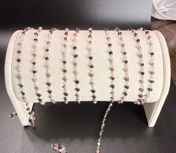 Sterling Silver 1.5mm Flat Cable Chain with Brown Enamel Beads