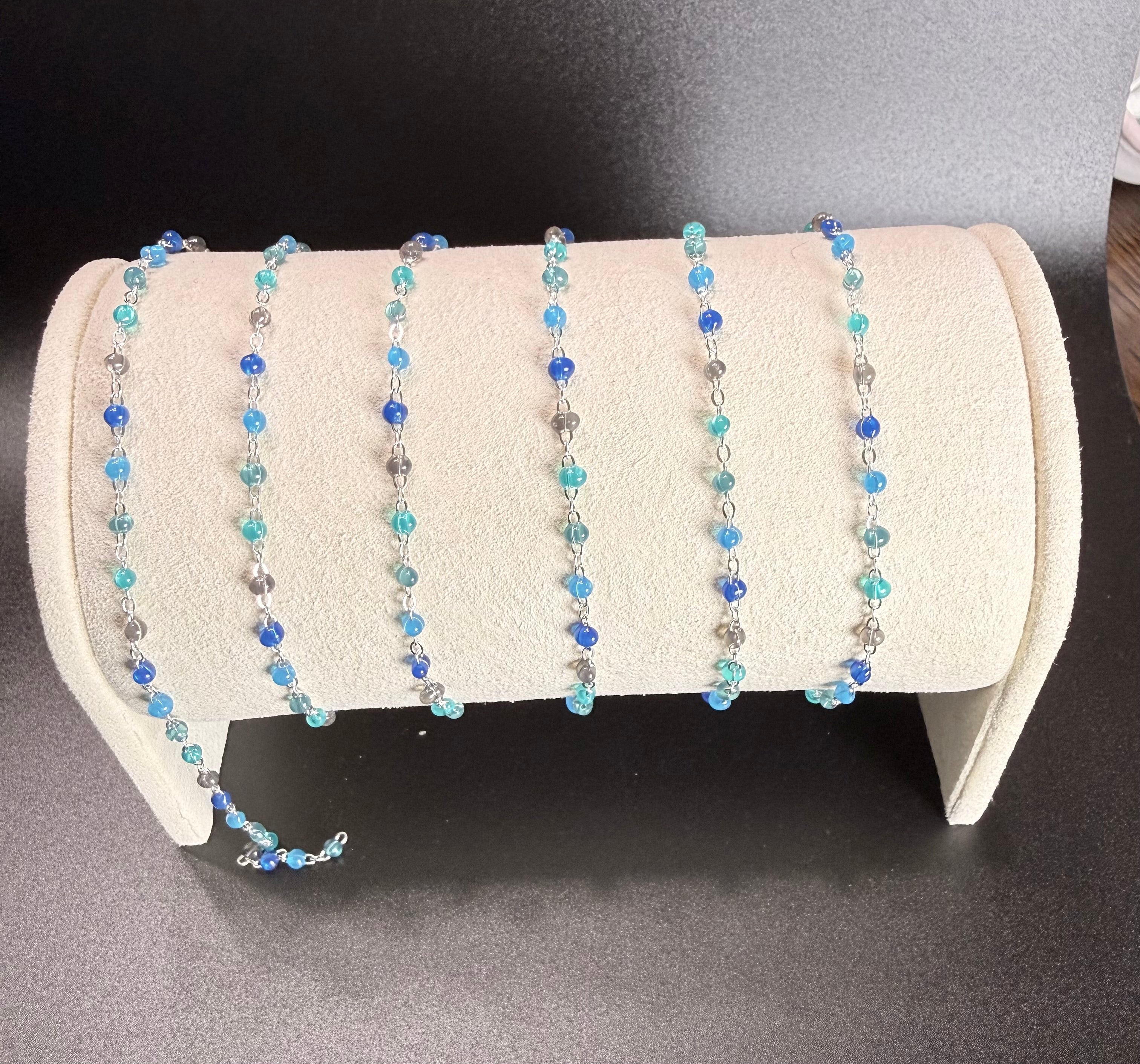 925 Sterling Silver 1.5mm Flat Cable Chain with blue Enameled Bead