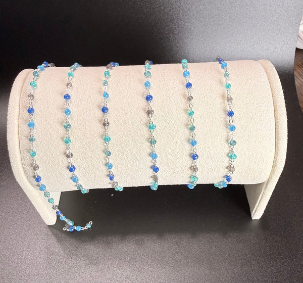 925 Sterling Silver 1.5mm Flat Cable Chain with blue Enameled Bead