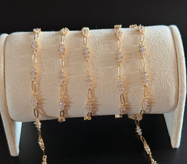 14k Gold Filled oval chain with 3 CZ clear crystals Premium