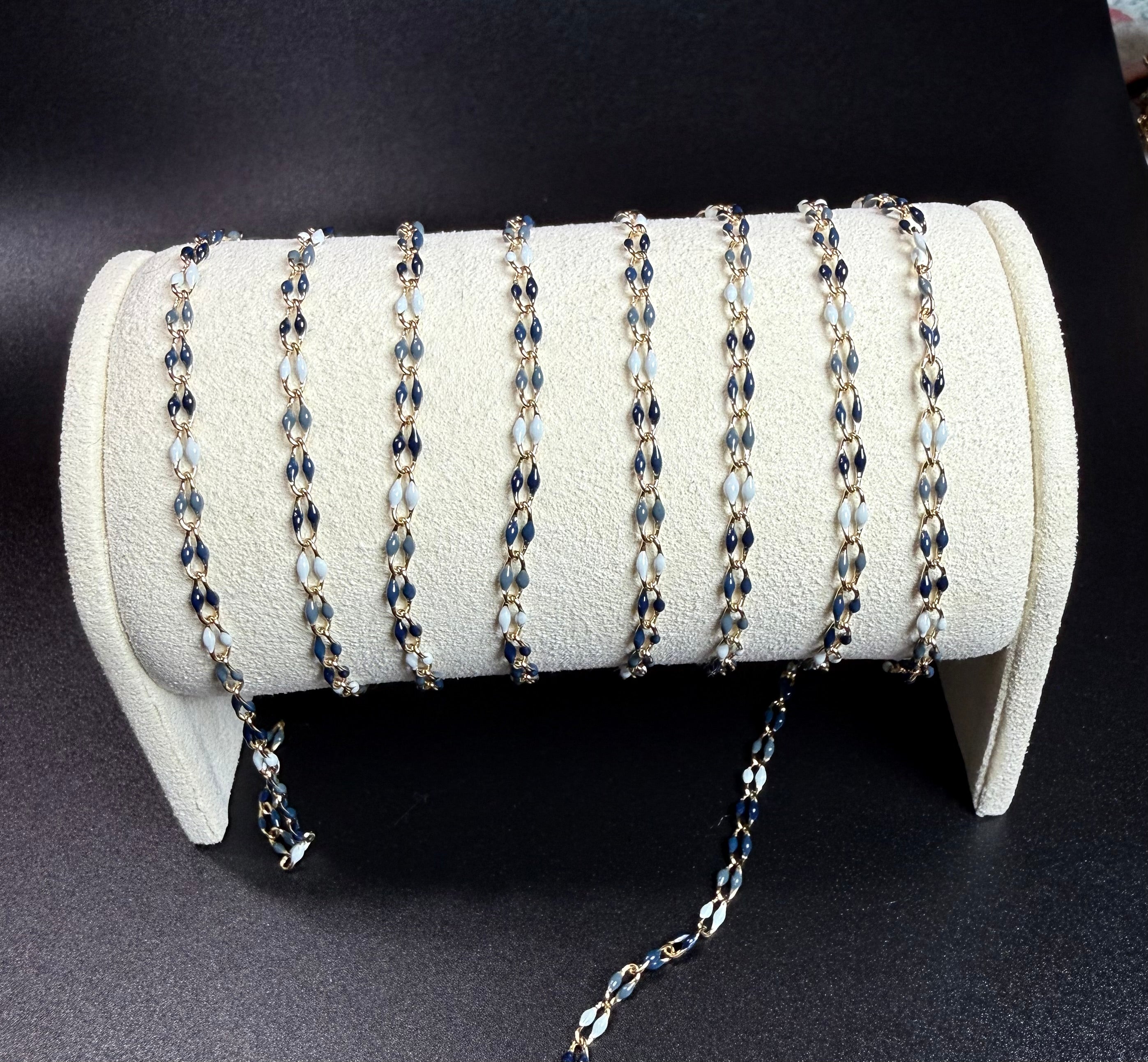 14K GF 3mm navy blue/grey/white enamel curb chain