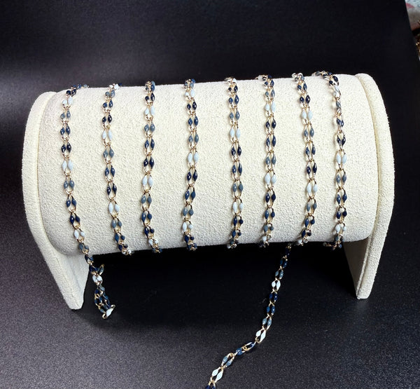 14K GF 3mm navy blue/grey/white enamel curb chain