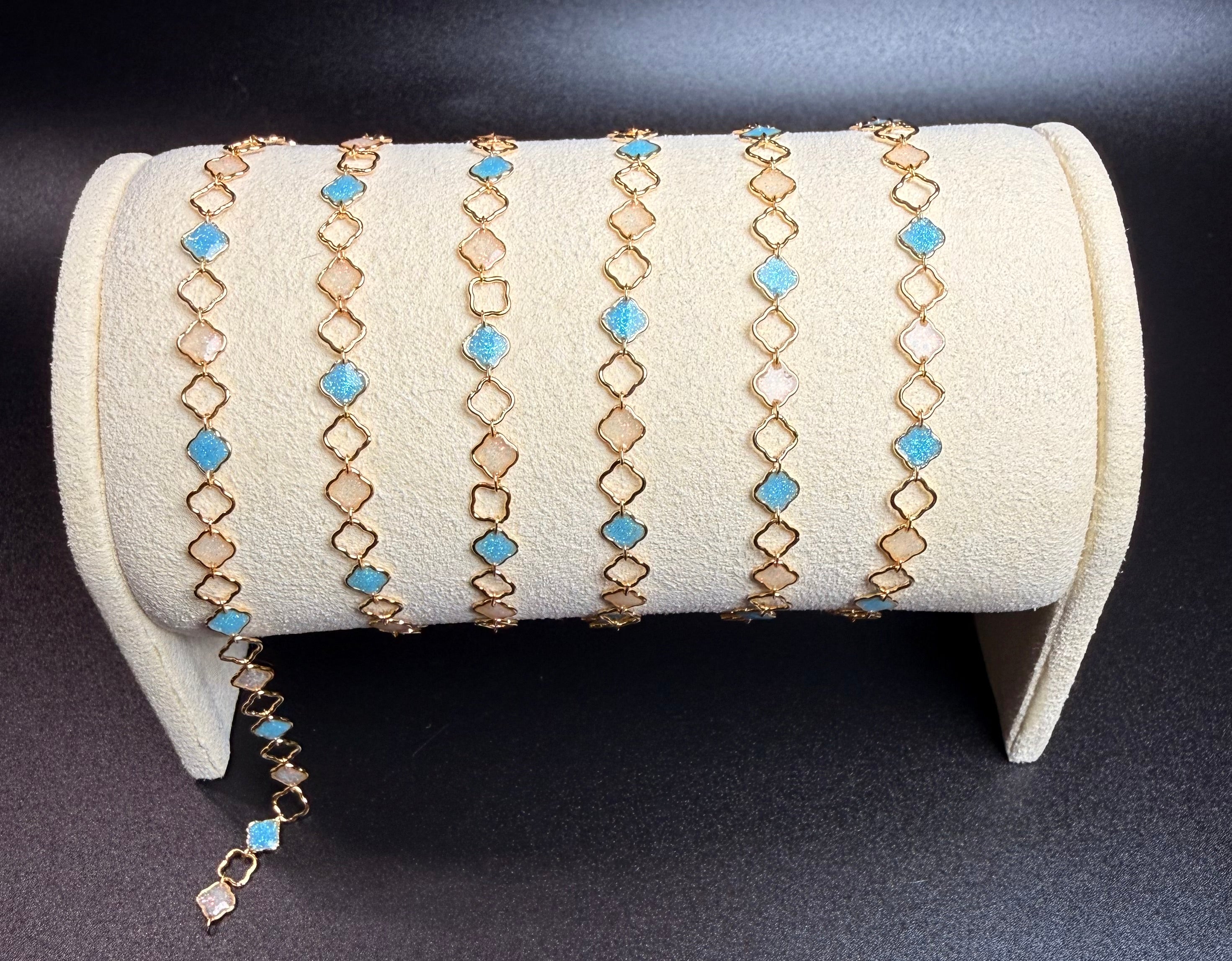 14k Gold Filled silver blue/white clover link chain