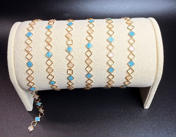 14k Gold Filled silver blue/white clover link chain