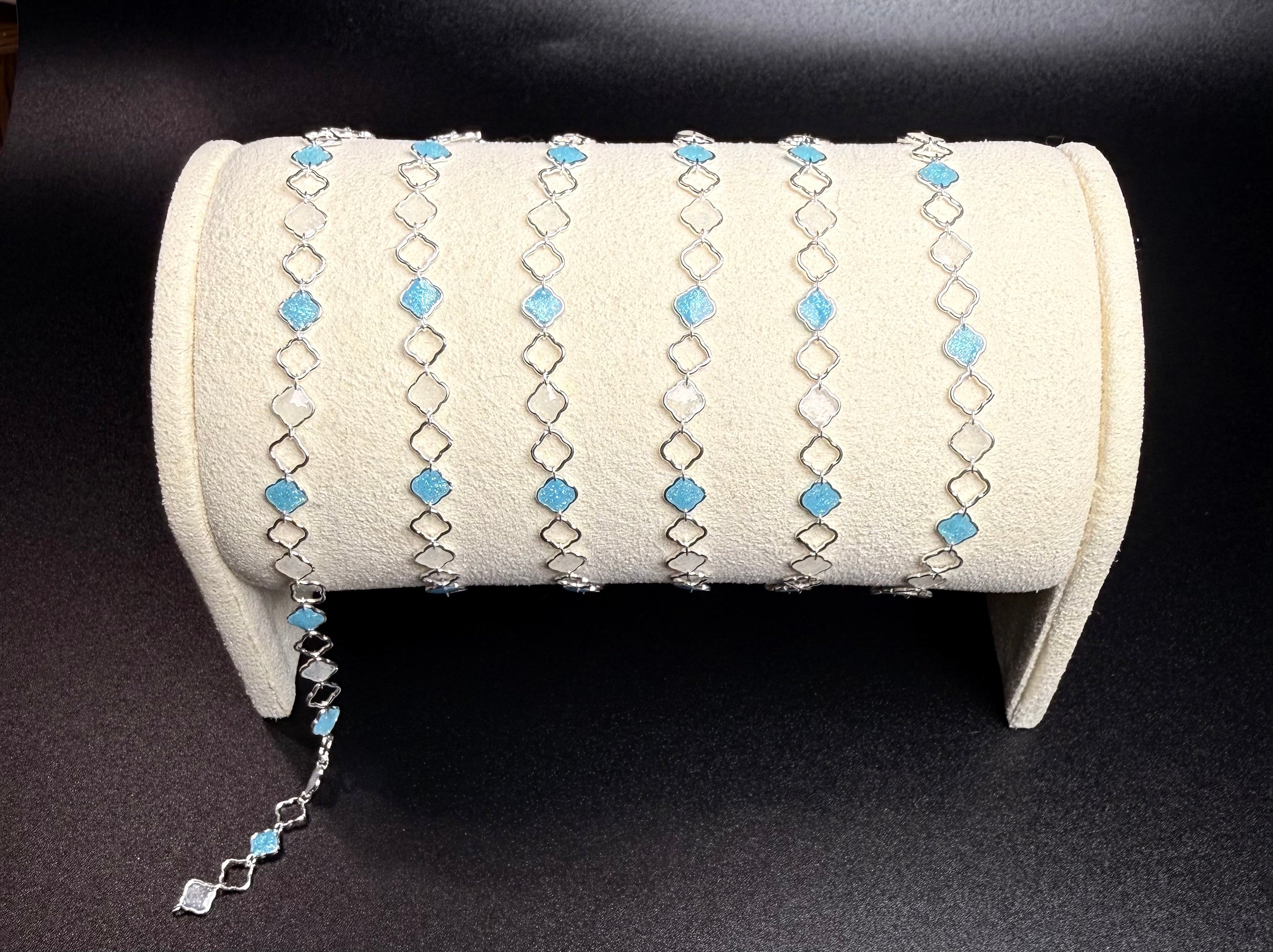 .925 Sterling Silver Silver Blue/white clover link chain