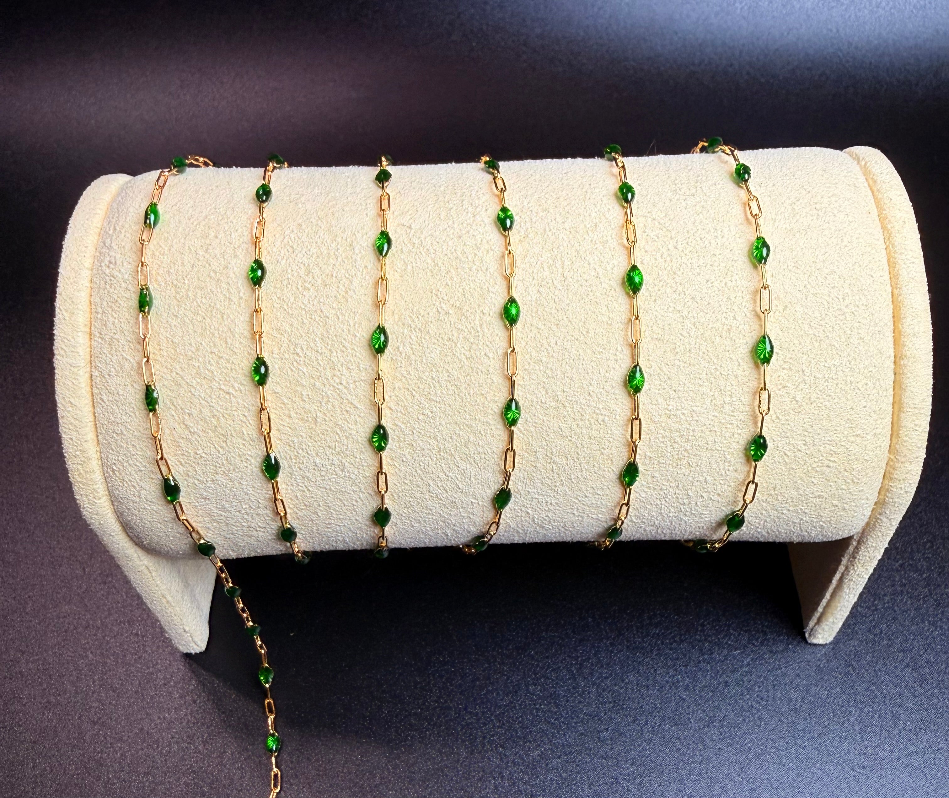 14k GF paperclip chain with Green Enamel Bead