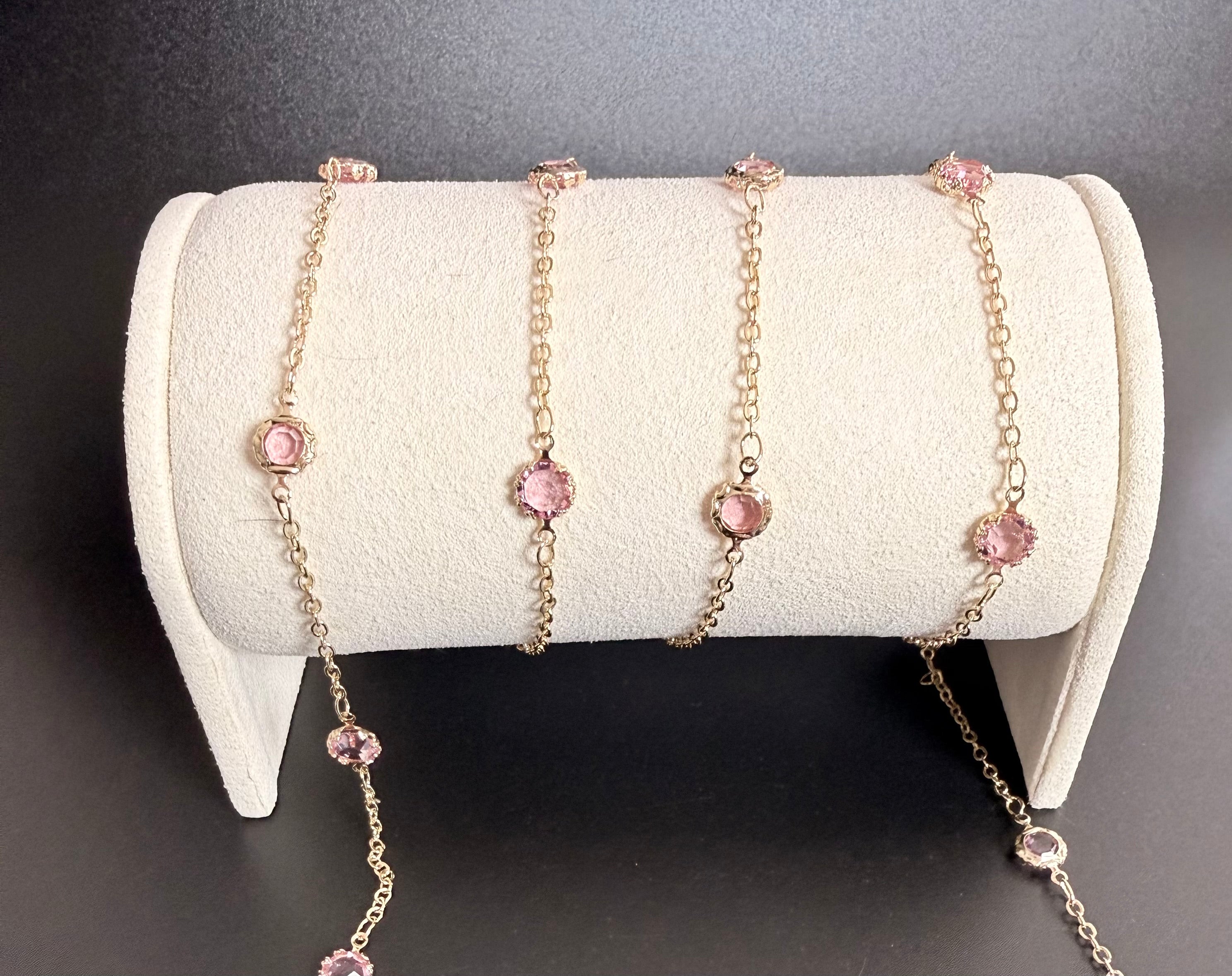 Stainless Steel Cable Chain with Pink Crystals