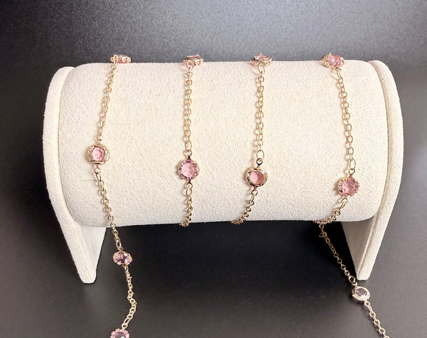 Stainless Steel Cable Chain with Pink Crystals