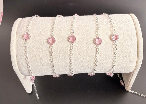 Stainless steel Cable Chain with Pink Crystal Silver