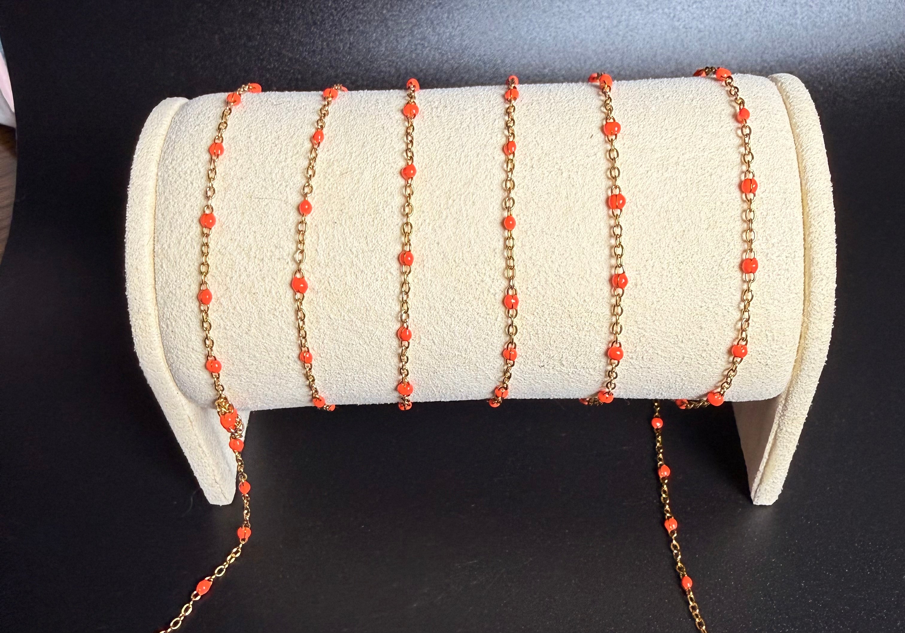 Stainless Steel Cable Chain with orange Beads Gold