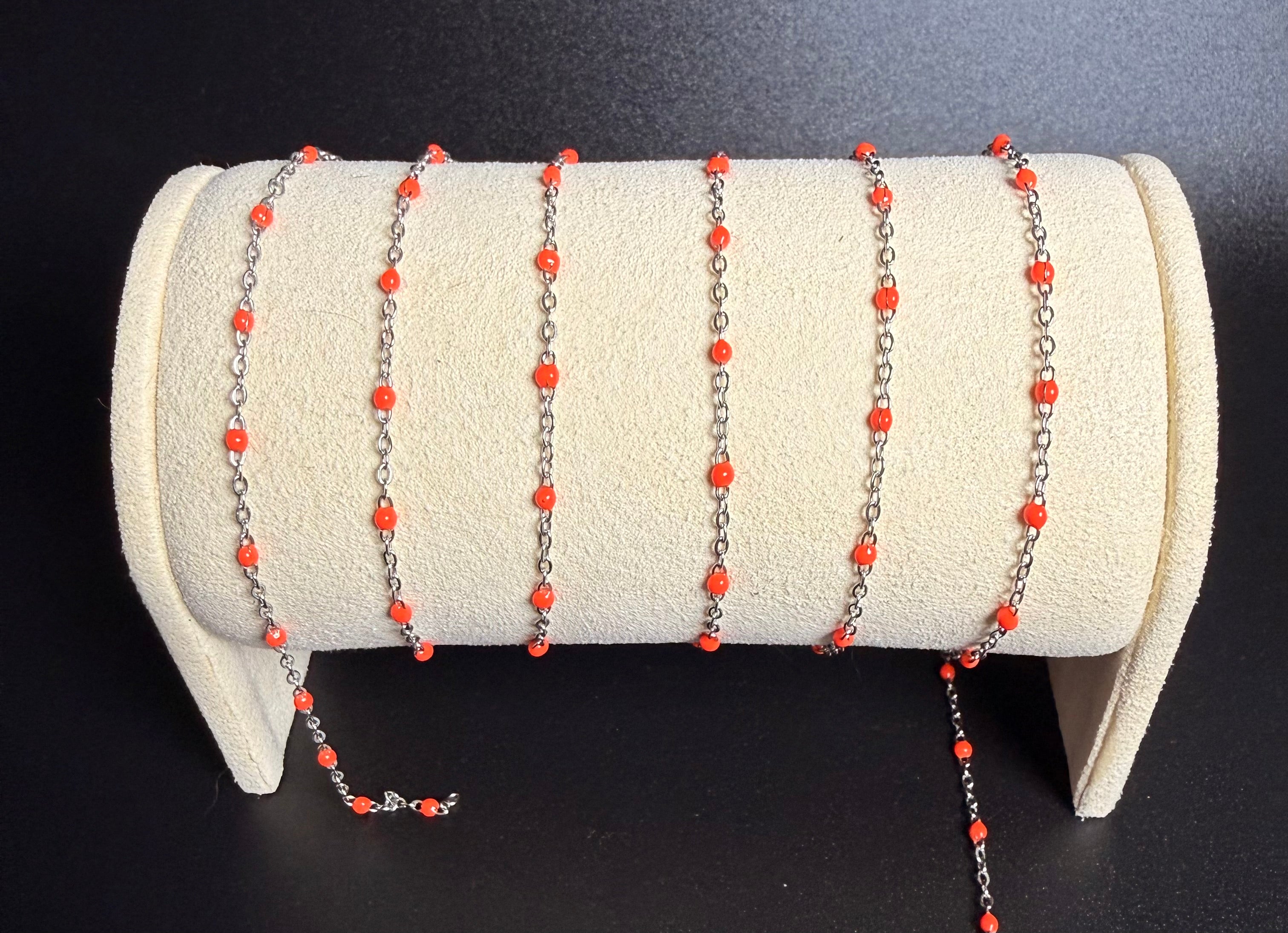Stainless Steel Cable Chain with Orange Beads Silver