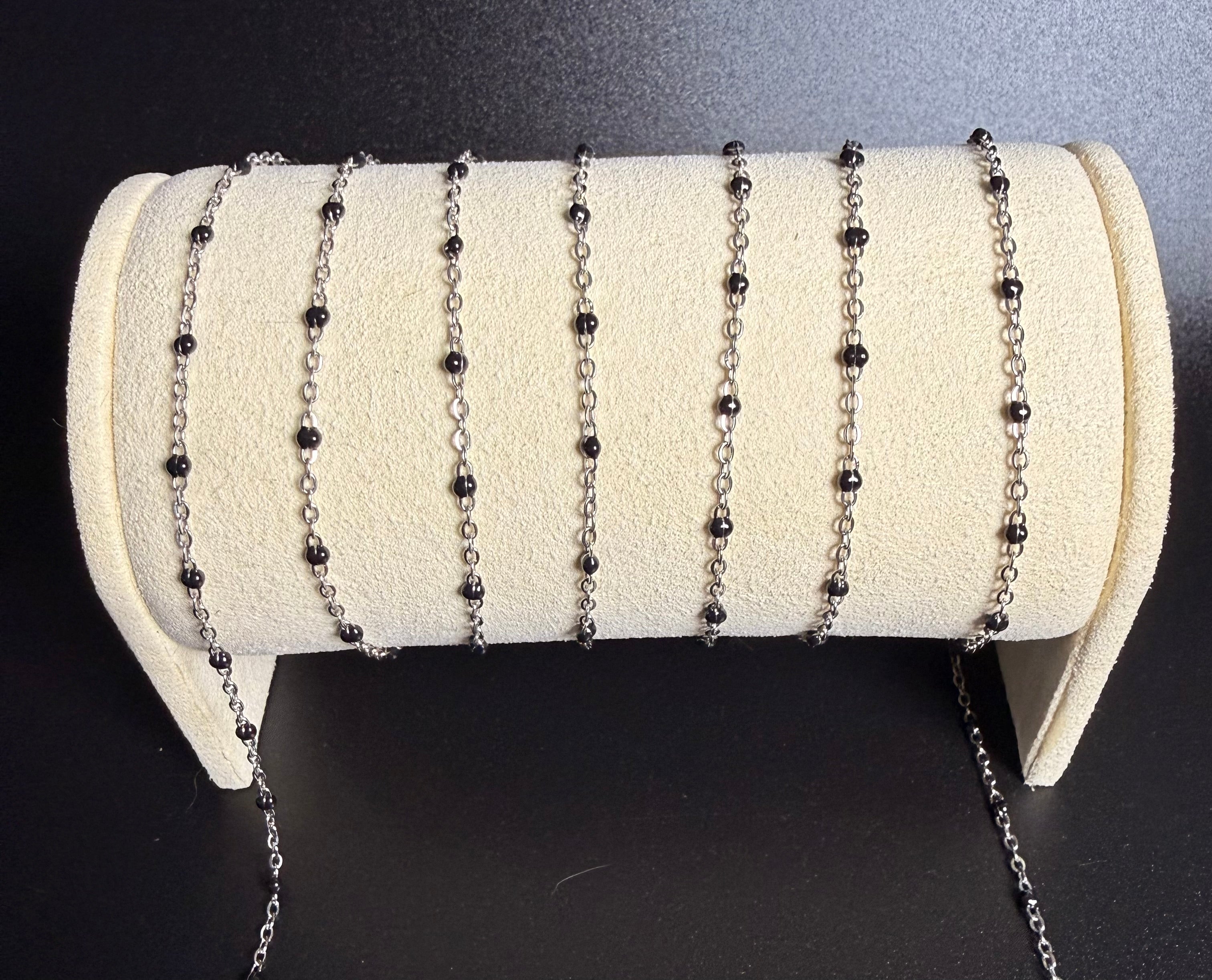 Stainless Steel Silver Cable Chain with Black Beads