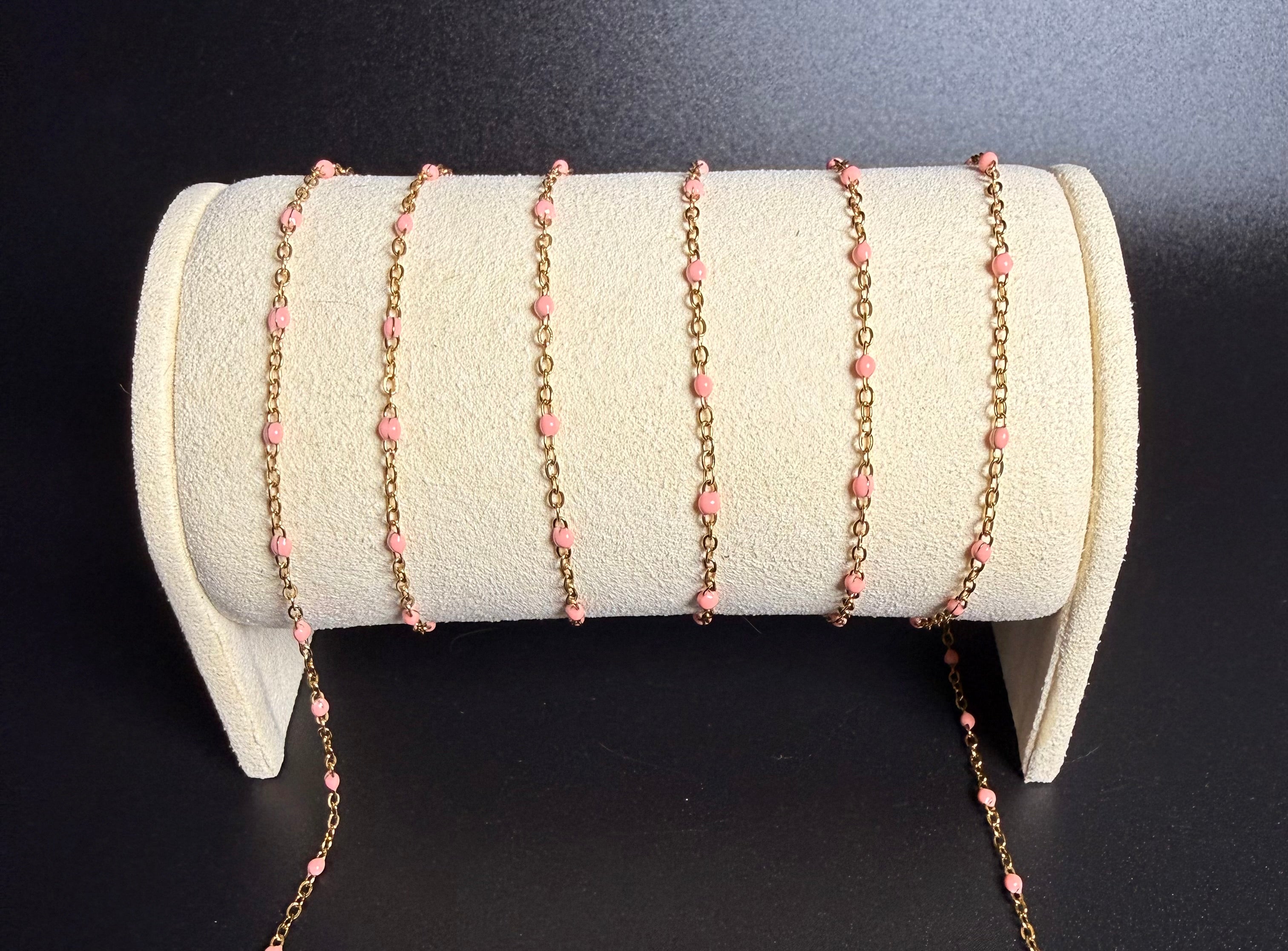 Stainless Steel Gold Cable Chain with Pink beads