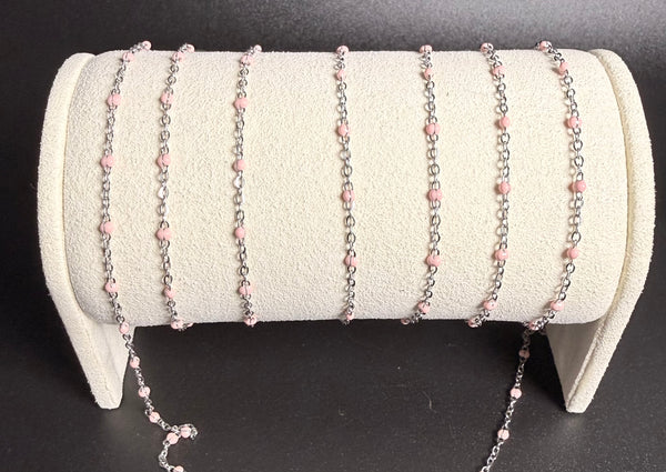 Stainless Steel Silver Cable Chain with Pink Beads