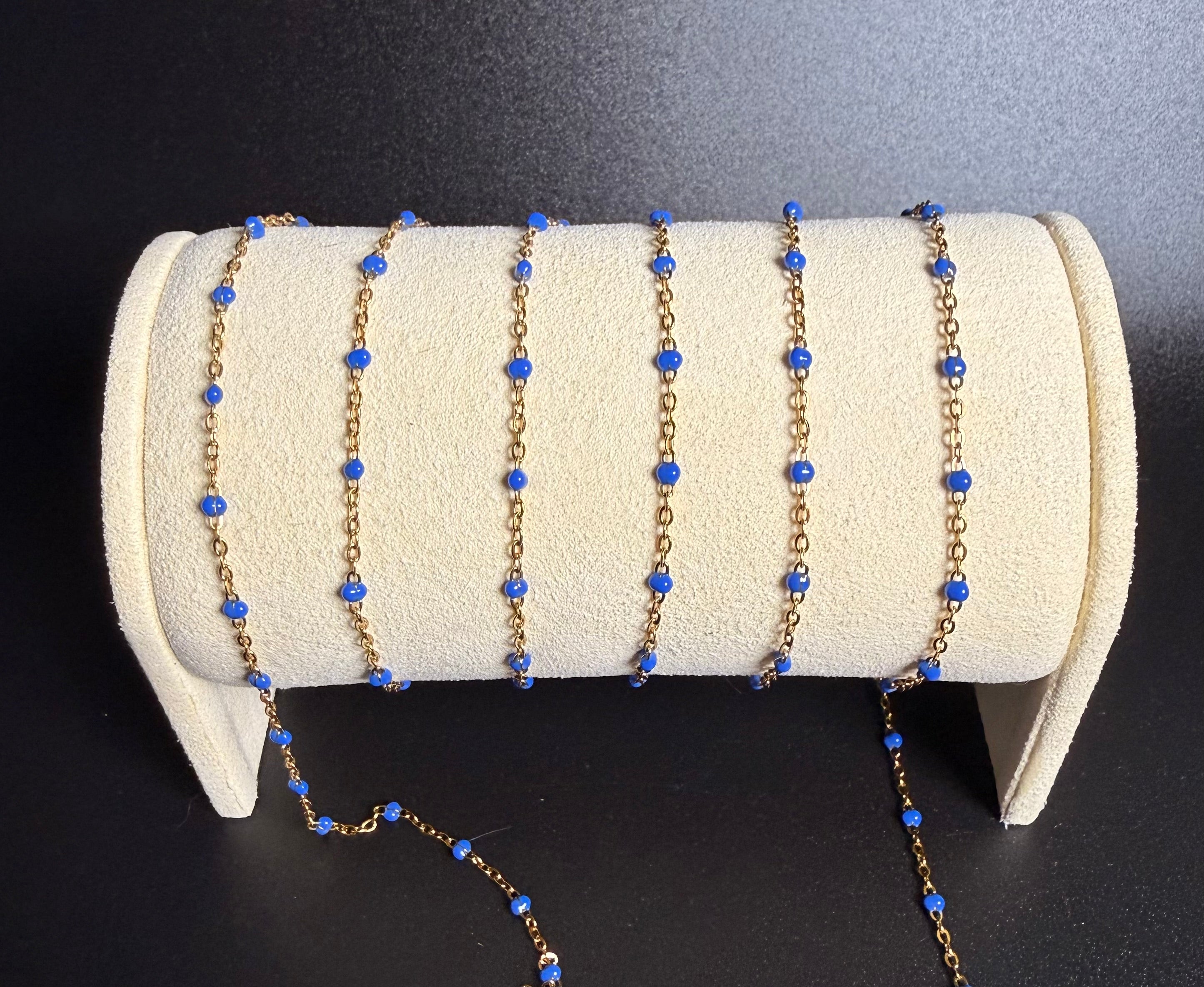 Stainless Steel Gold Cable Chain with Sapphire Blue Beads