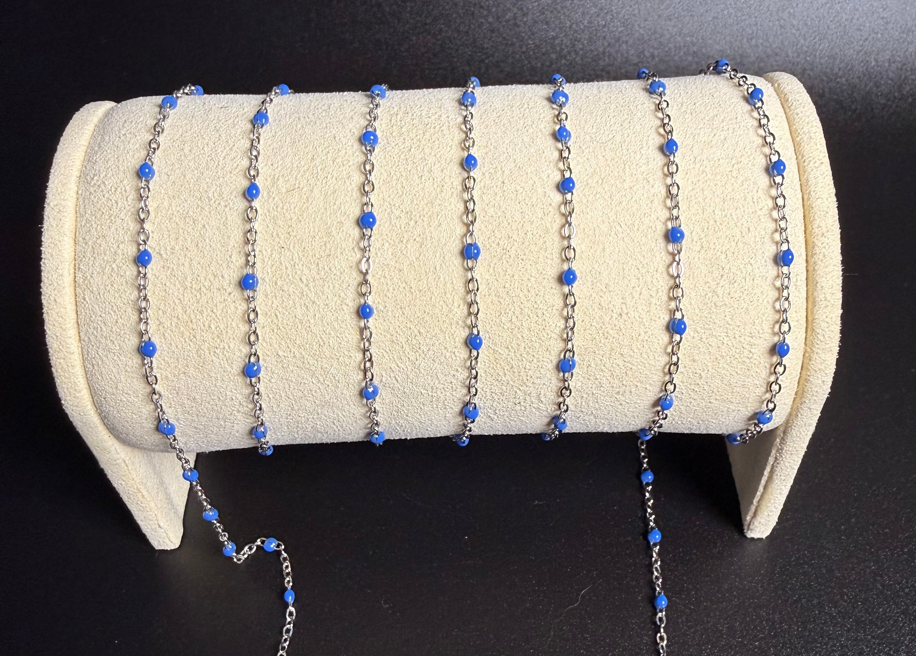 Stainless Steel Silver Cable Chain with SkyBlue Beads