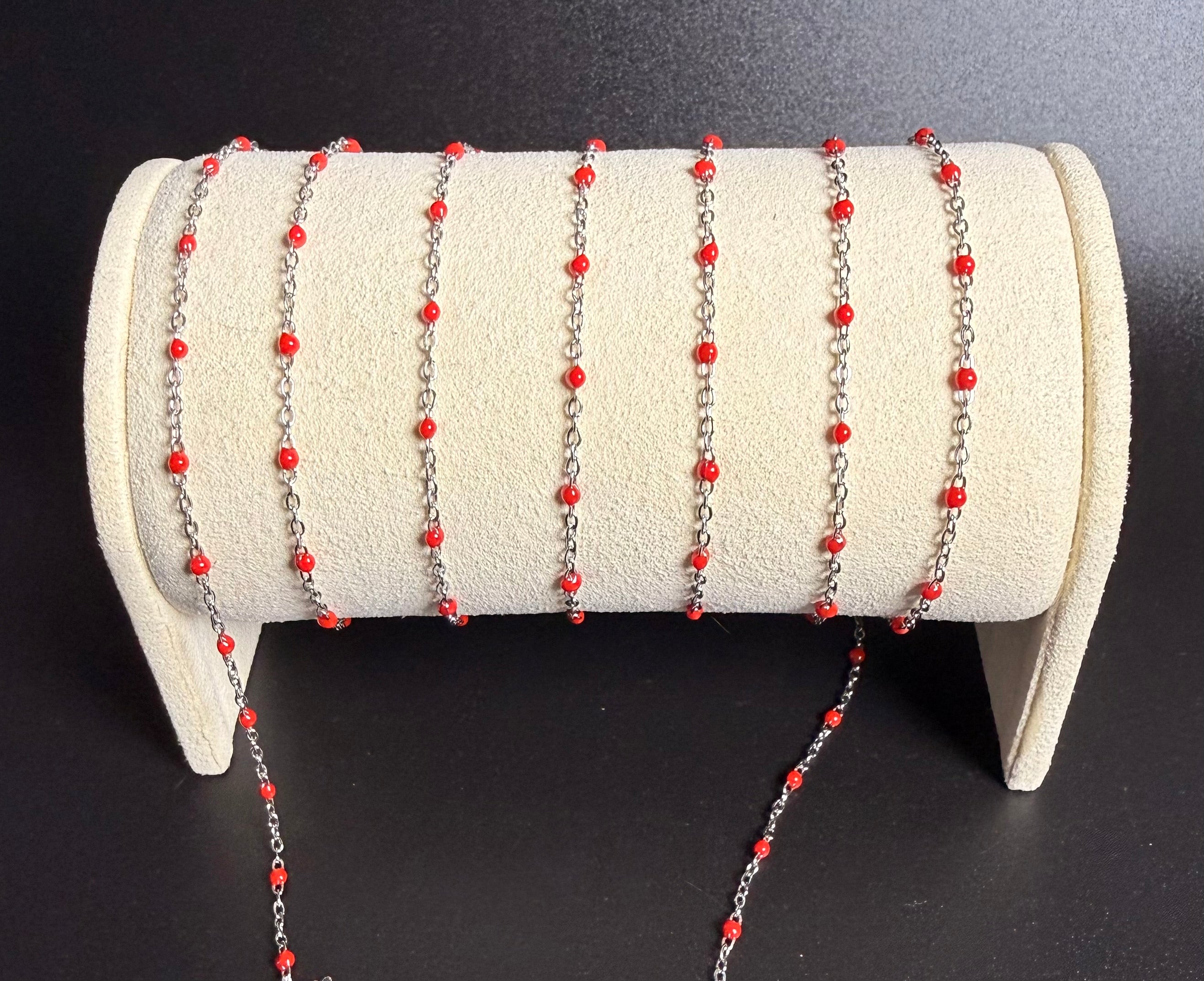 Stainless Steel Silver Cable Chain with Red Beads