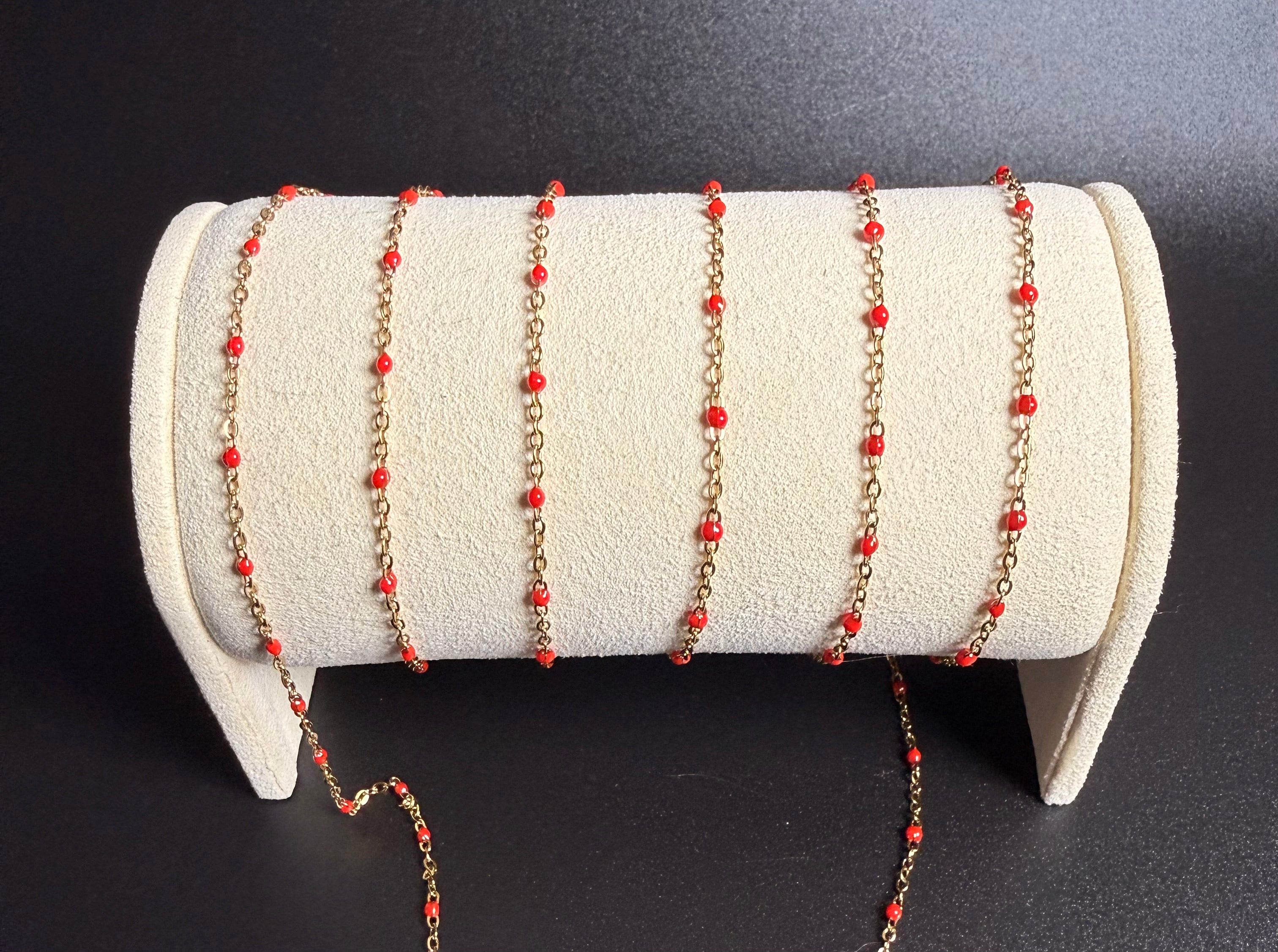 Stainless Steel Gold Cable Chain with red Beads