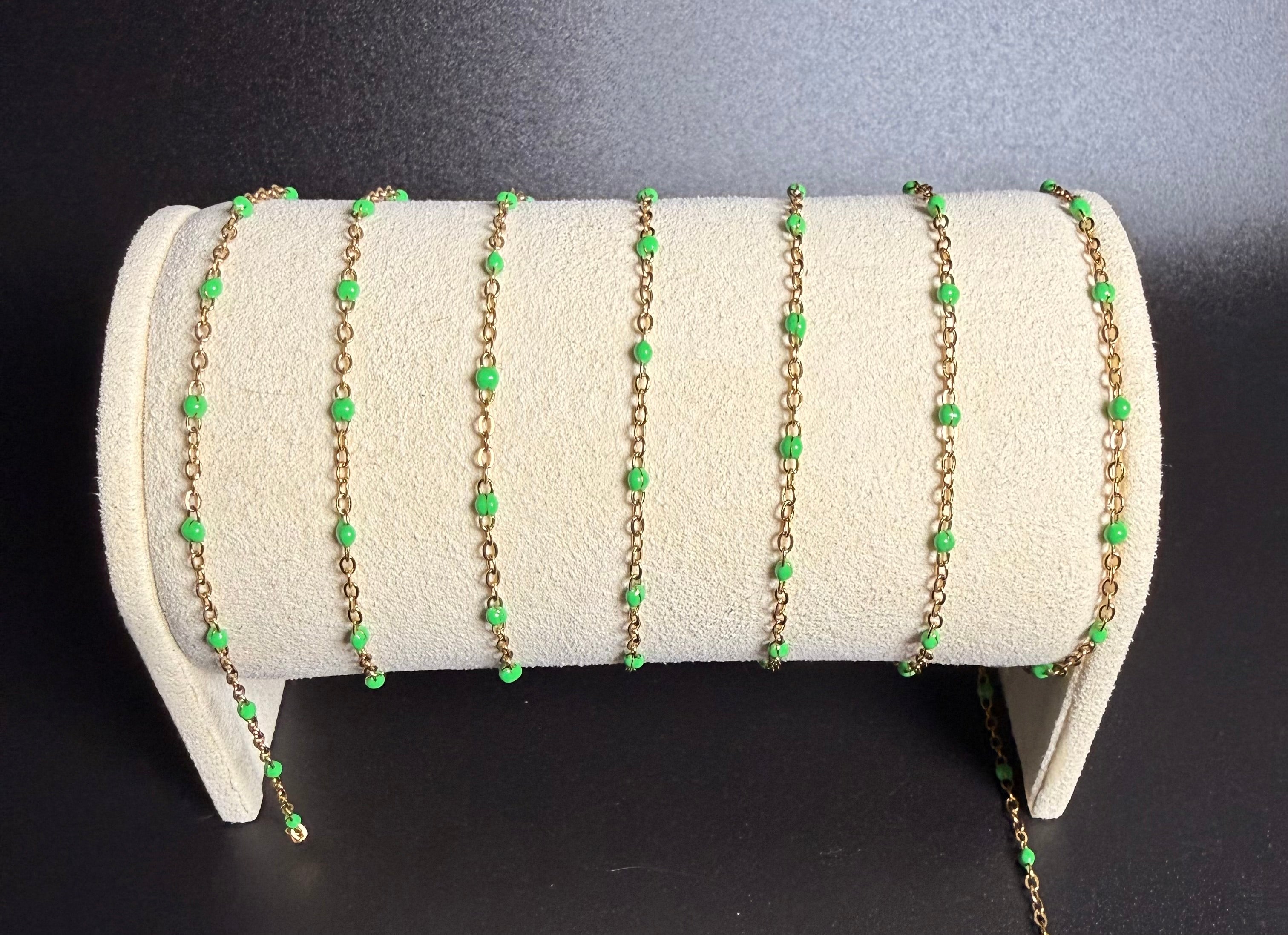 Stainless Steel Gold Cable Chain with Green Beads