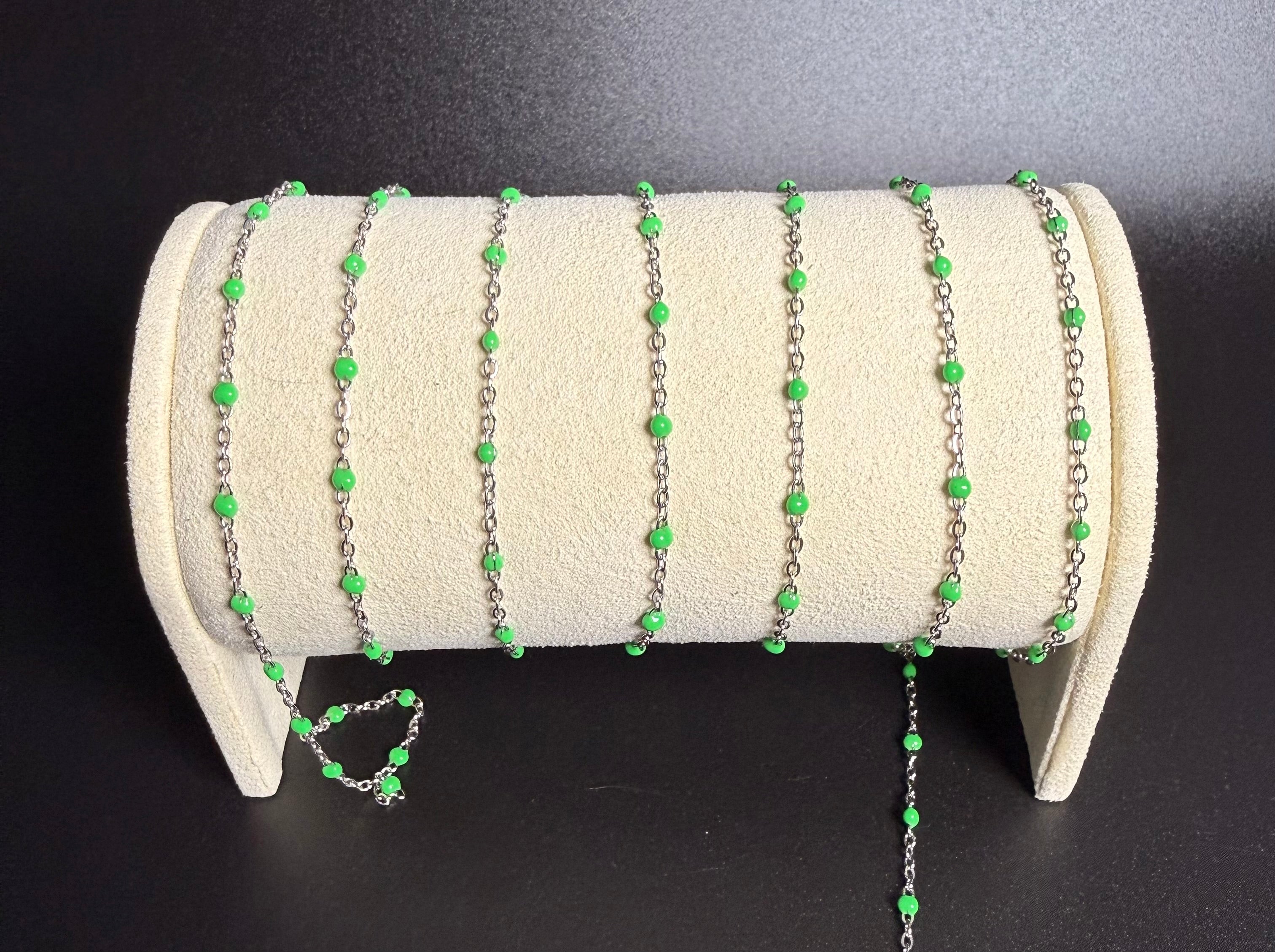 Stainless Steel Silver Cable Chain with Green Beads