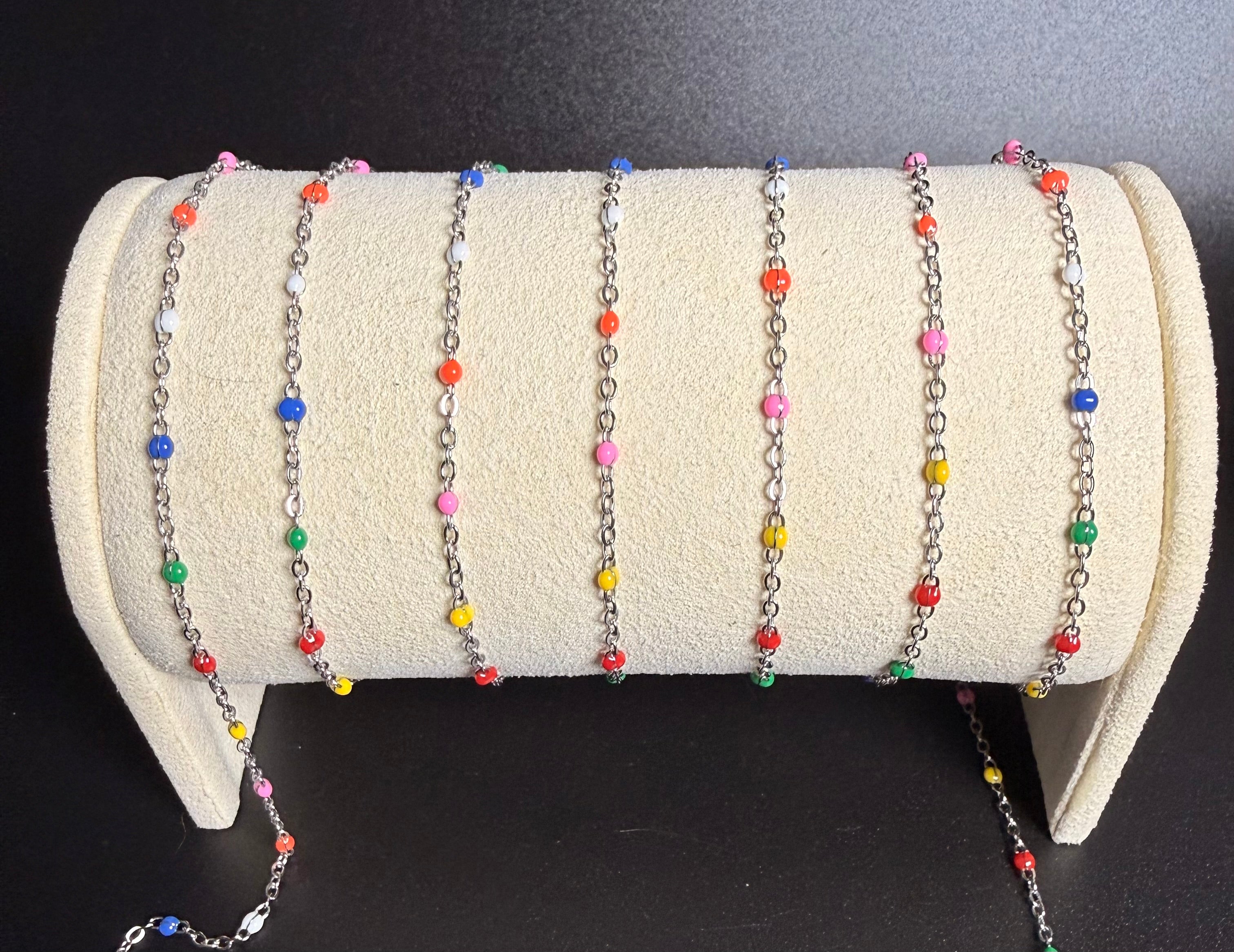 Stainless Steel Cable chain Multicolored beads Silver