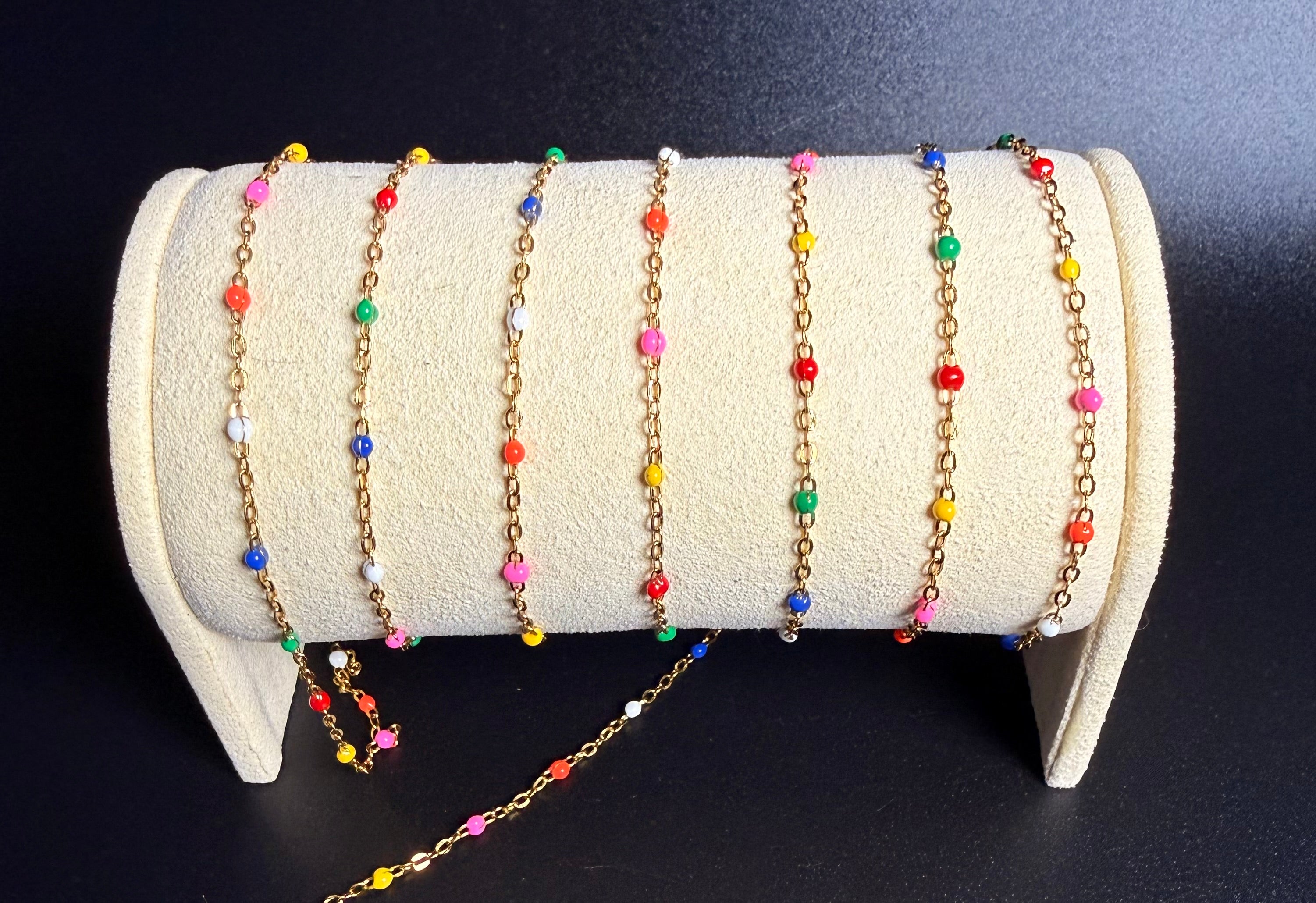 Stainless Steel Cable Chain Multicolored Beads Gold