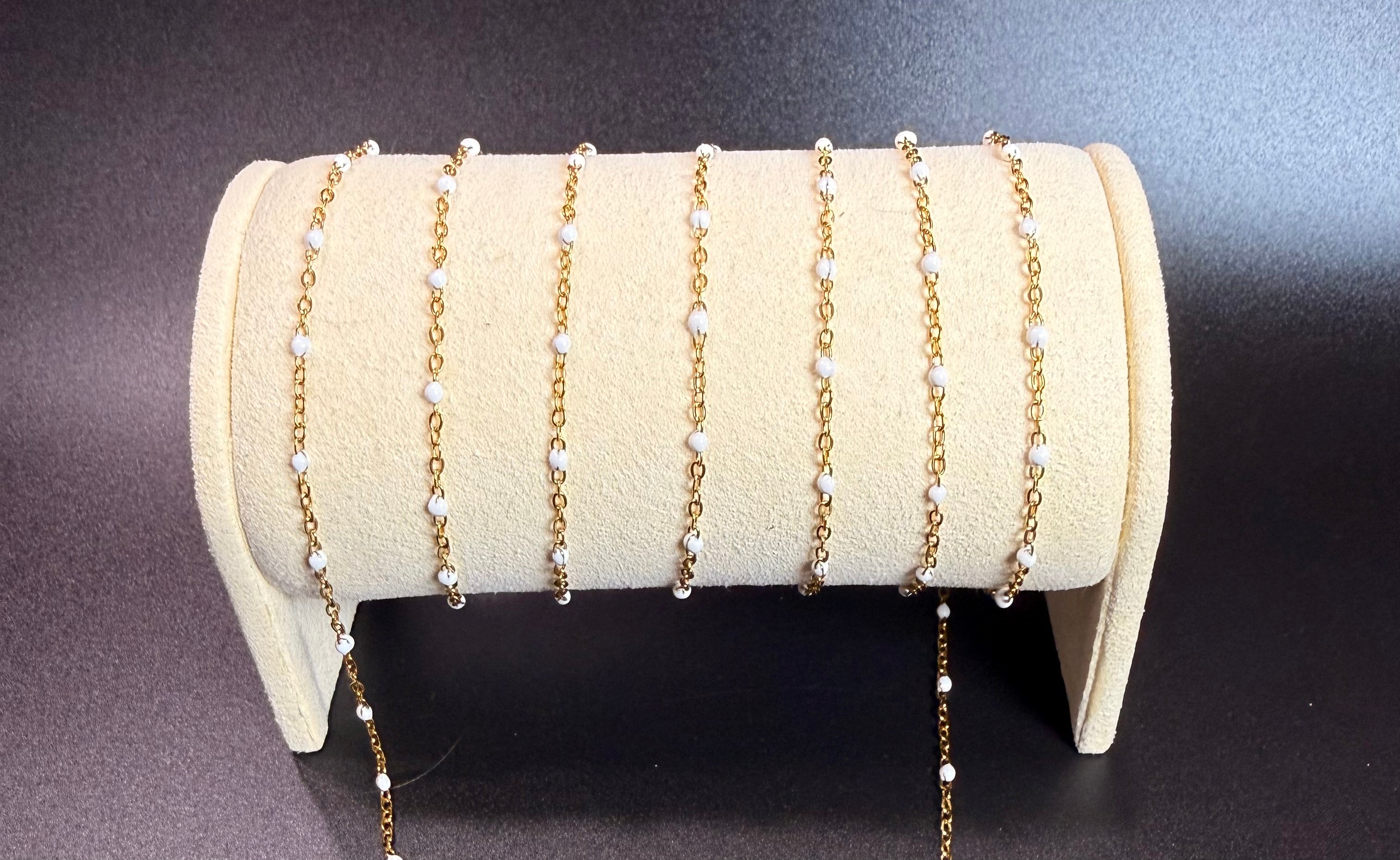 Stainless Steel Gold Cable Chain with white Beads