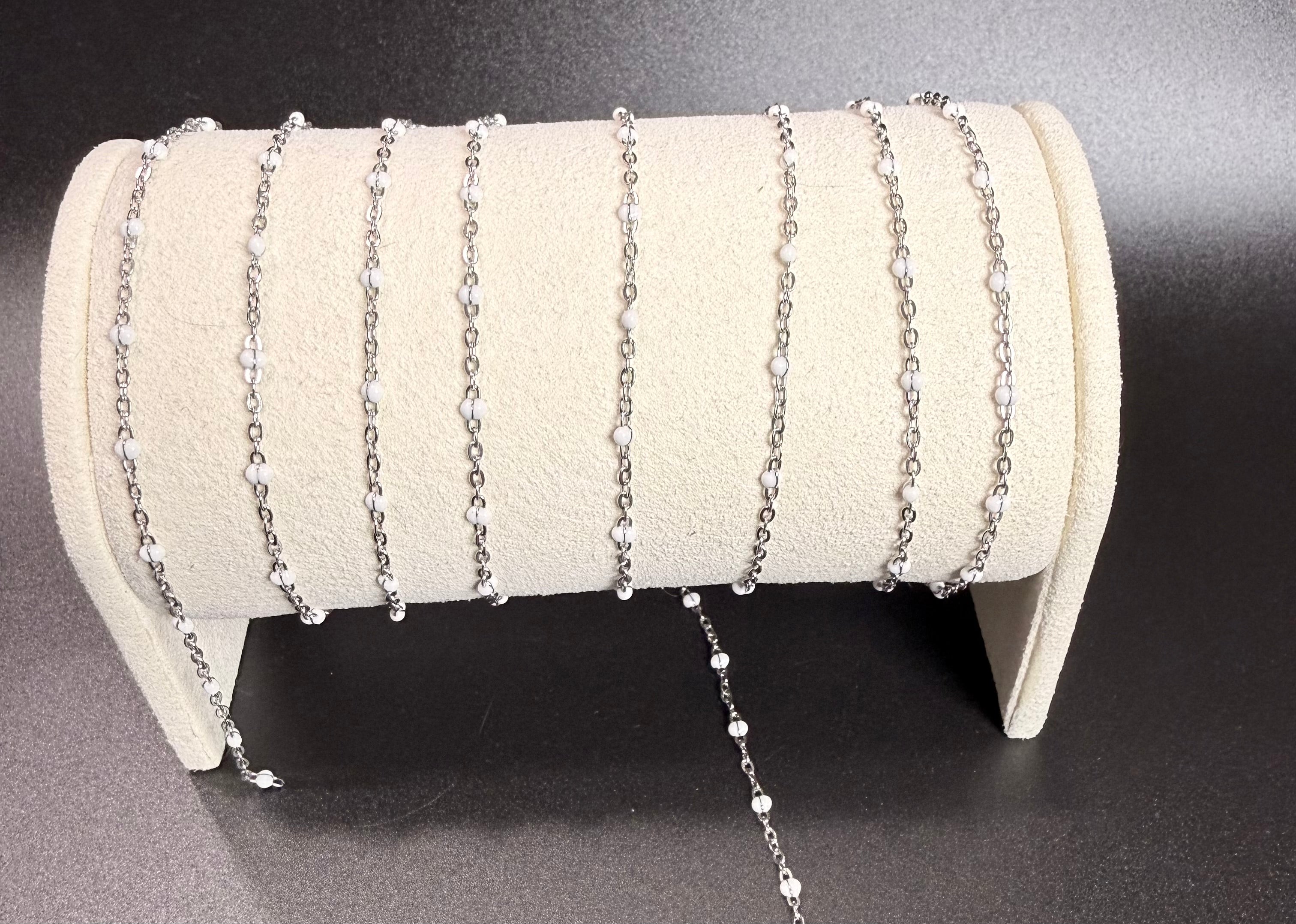 Stainless Steel Silver Cable Chain with White Beads